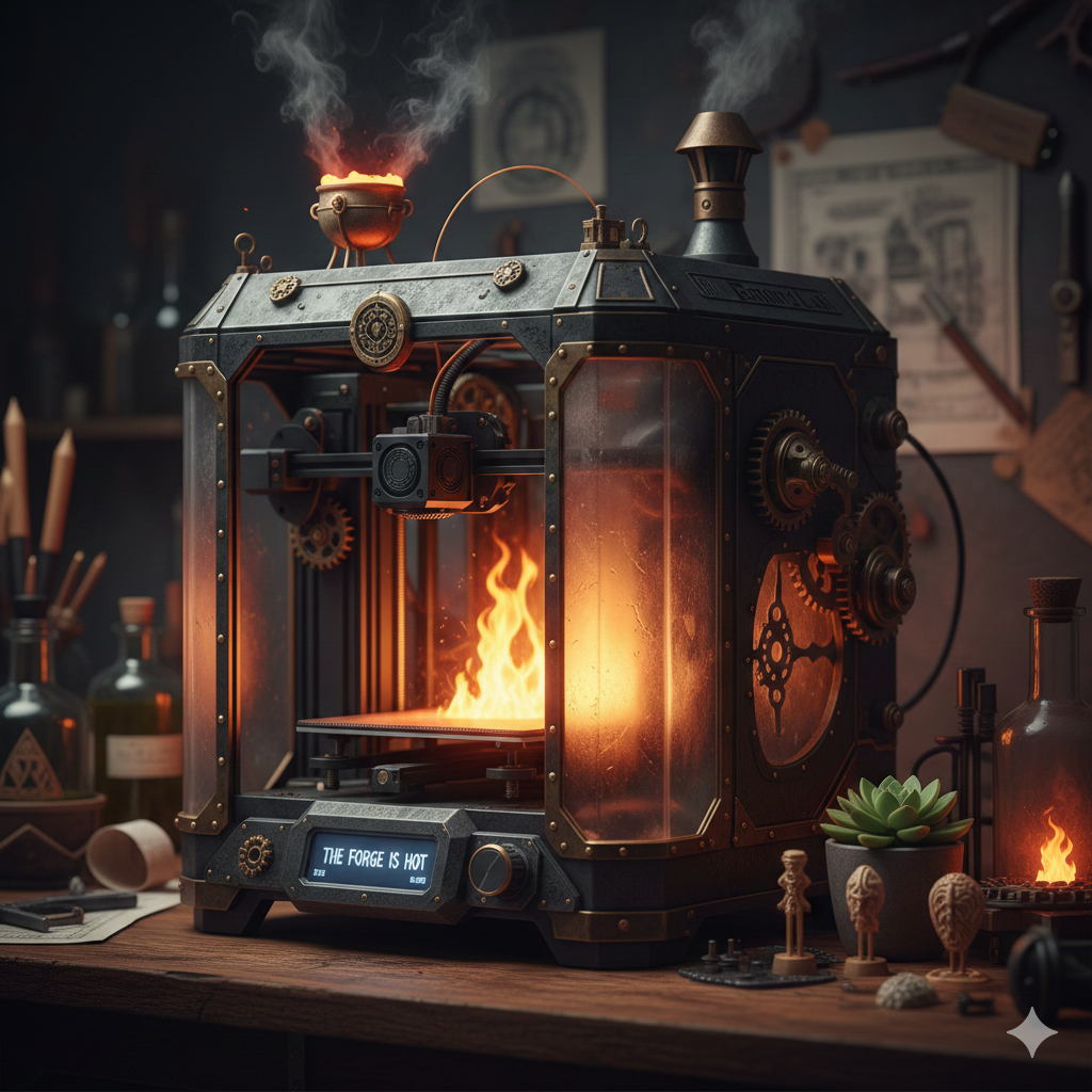 "3D printer reimagined as a fantasy forge at StoryForge 3D. The intricate steampunk design features iron plating, gold rivets, and a roaring fire on the print bed, set in a cozy, dark academic library environment."